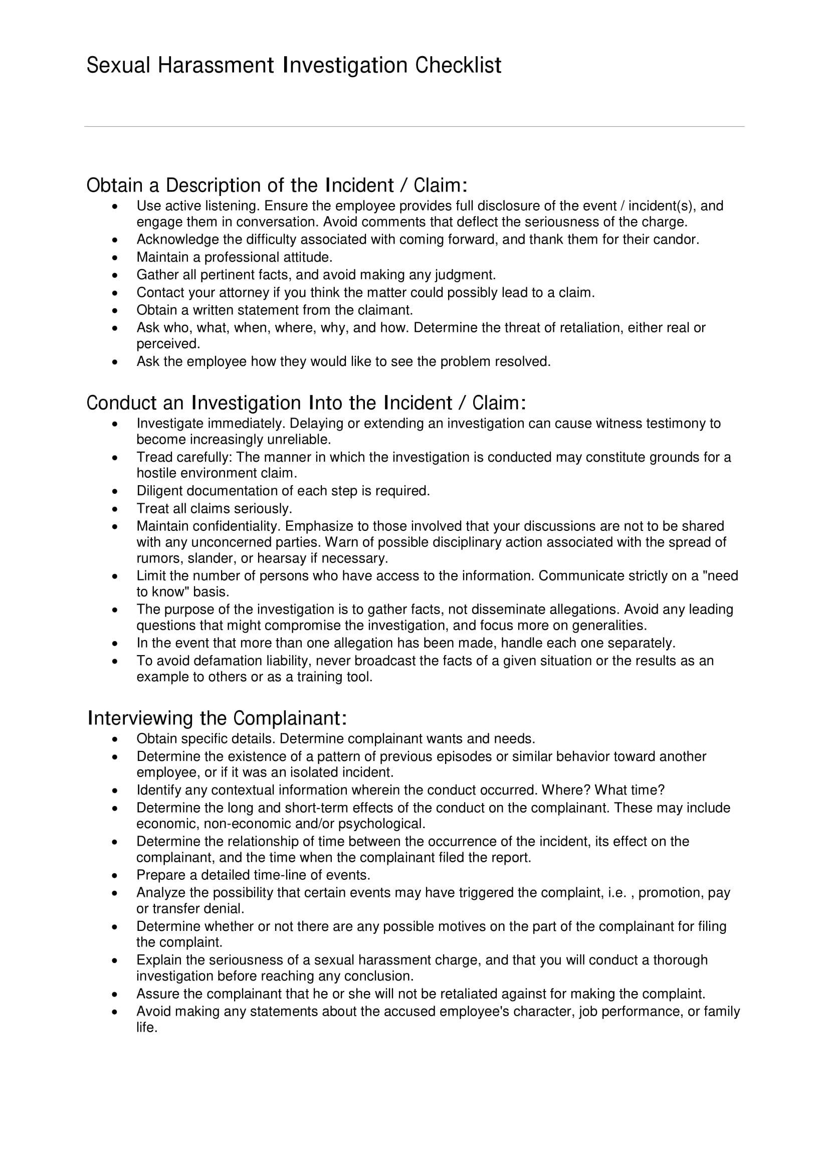Harassment Investigation Checklist 12+ Examples, Format, Pdf Examples