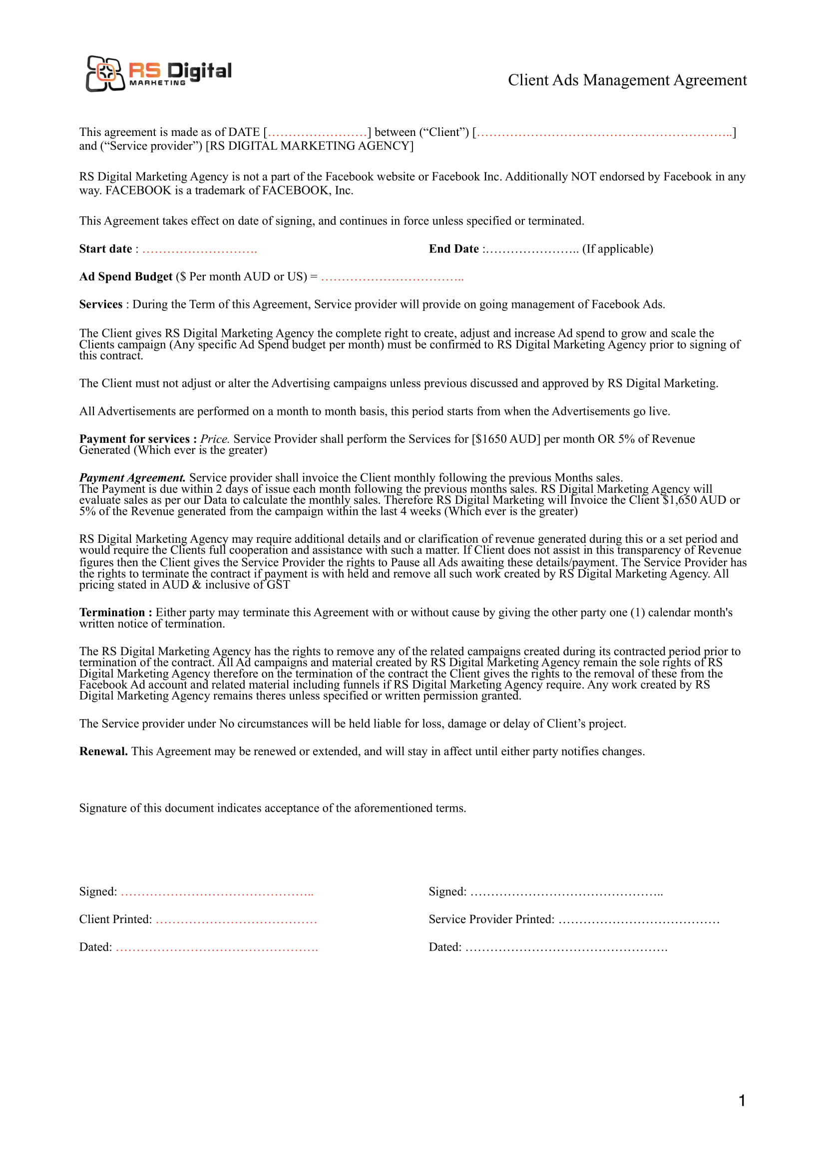 Monthly Service Agreement Template