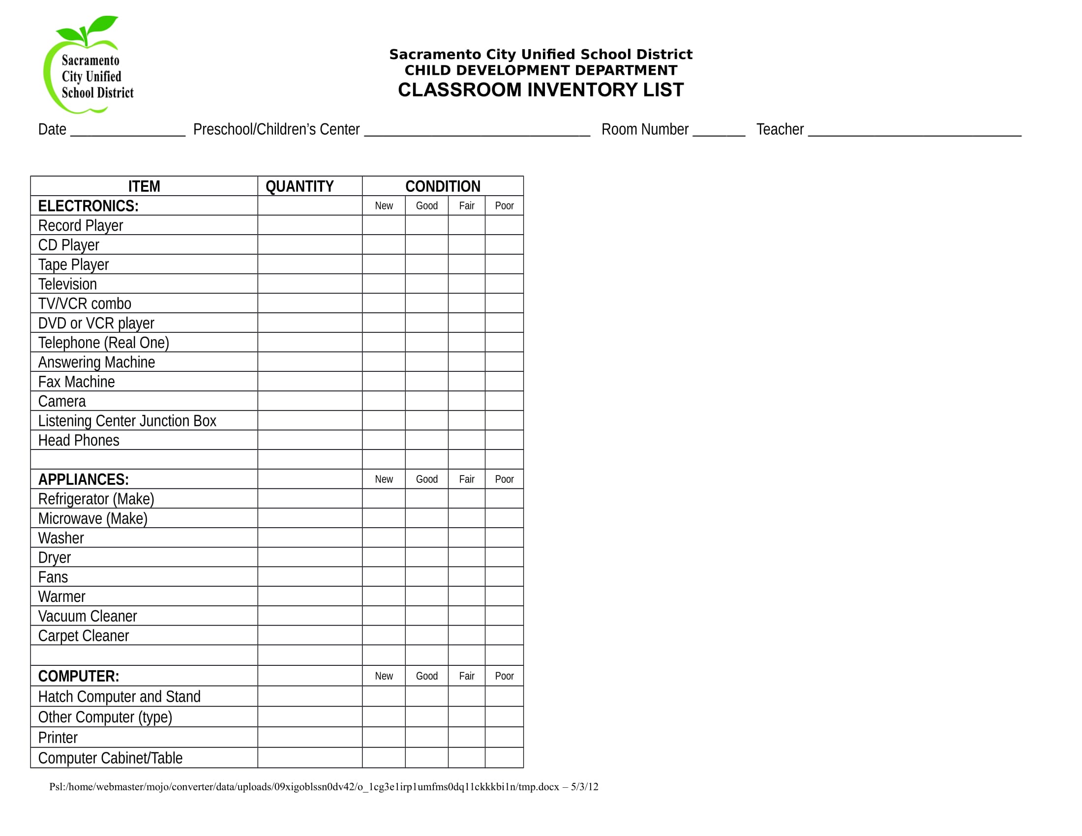 Classroom Inventory Sheet