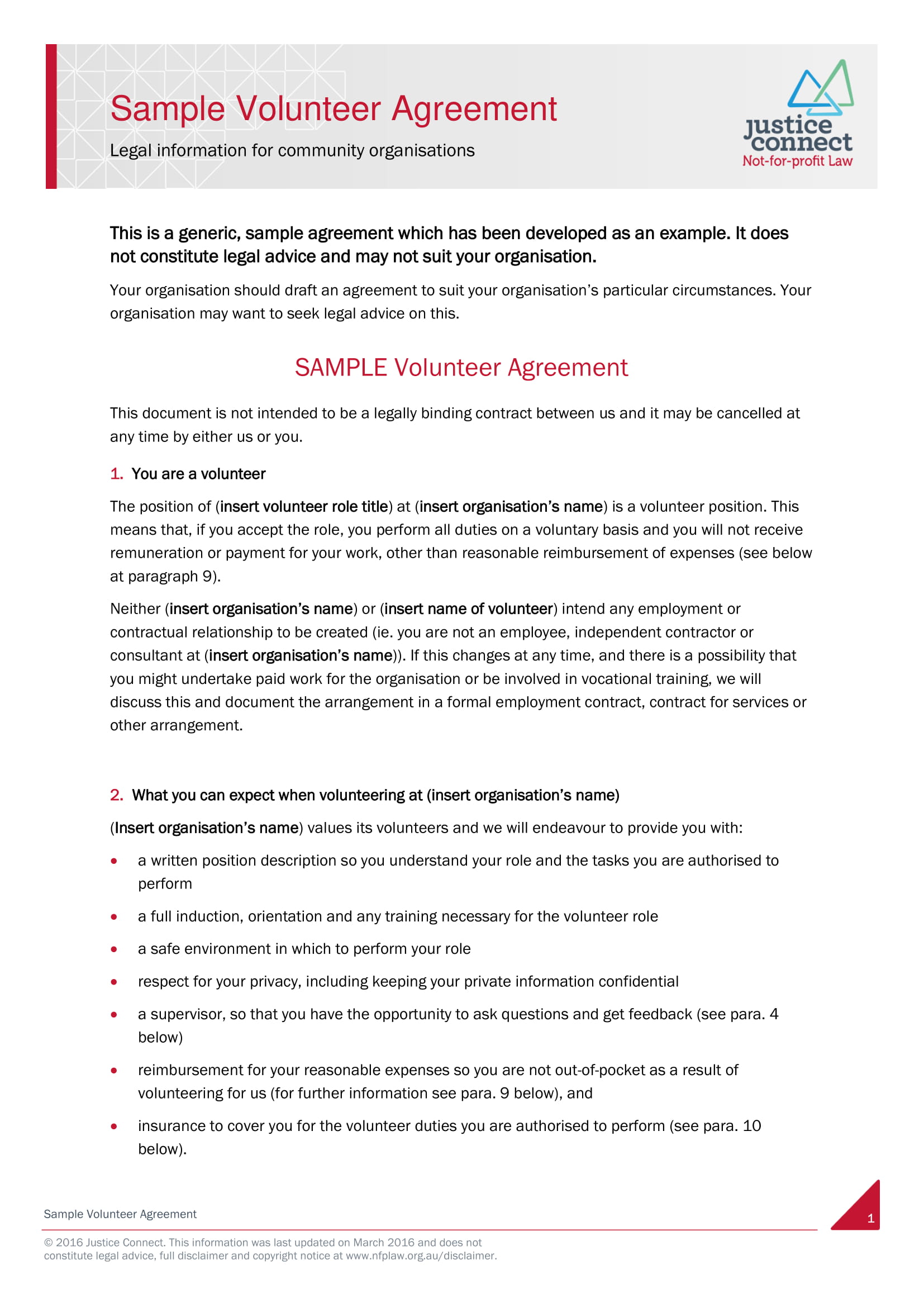 volunteer agreement example