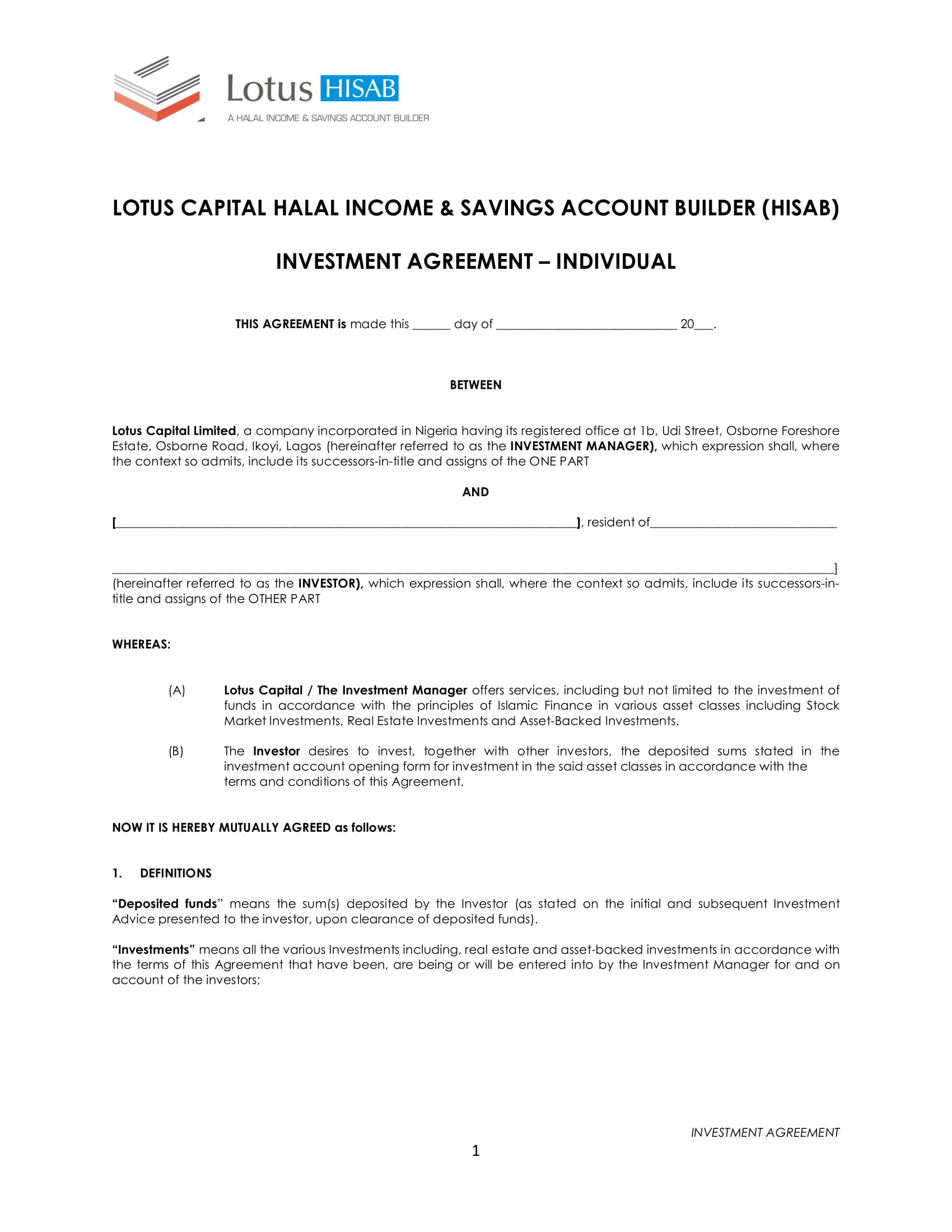 Equity Investment Agreement Template