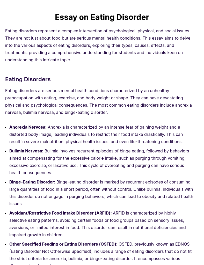 Essay on Eating Disorder [Edit & Download], Pdf
