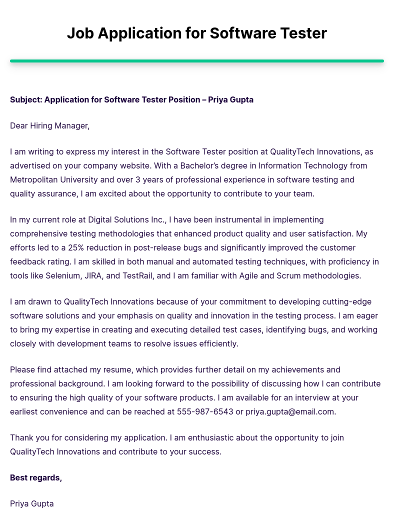 Job Application for Software Tester [Edit & Download]