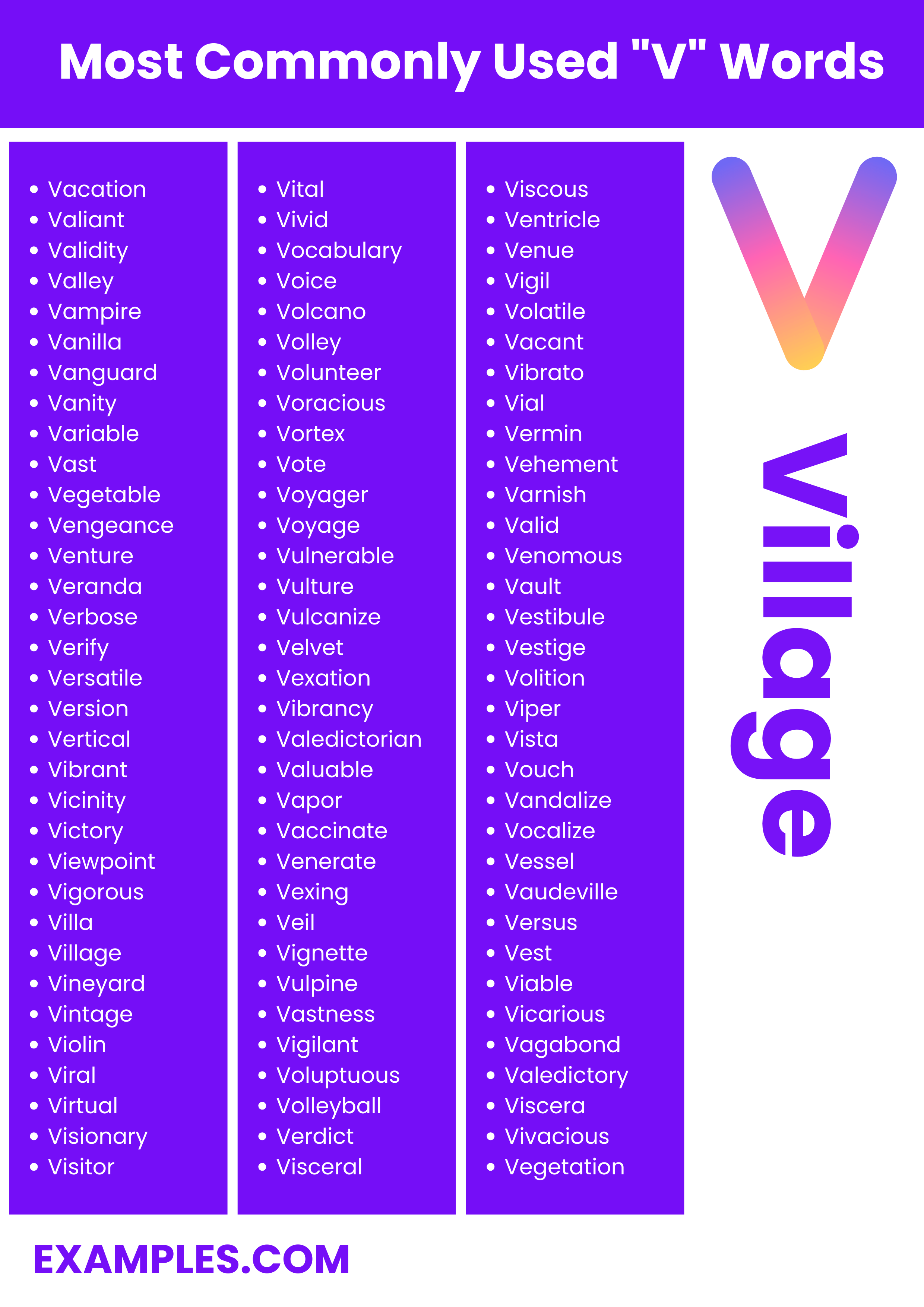 V Words 450+ List, Meaning, PDF