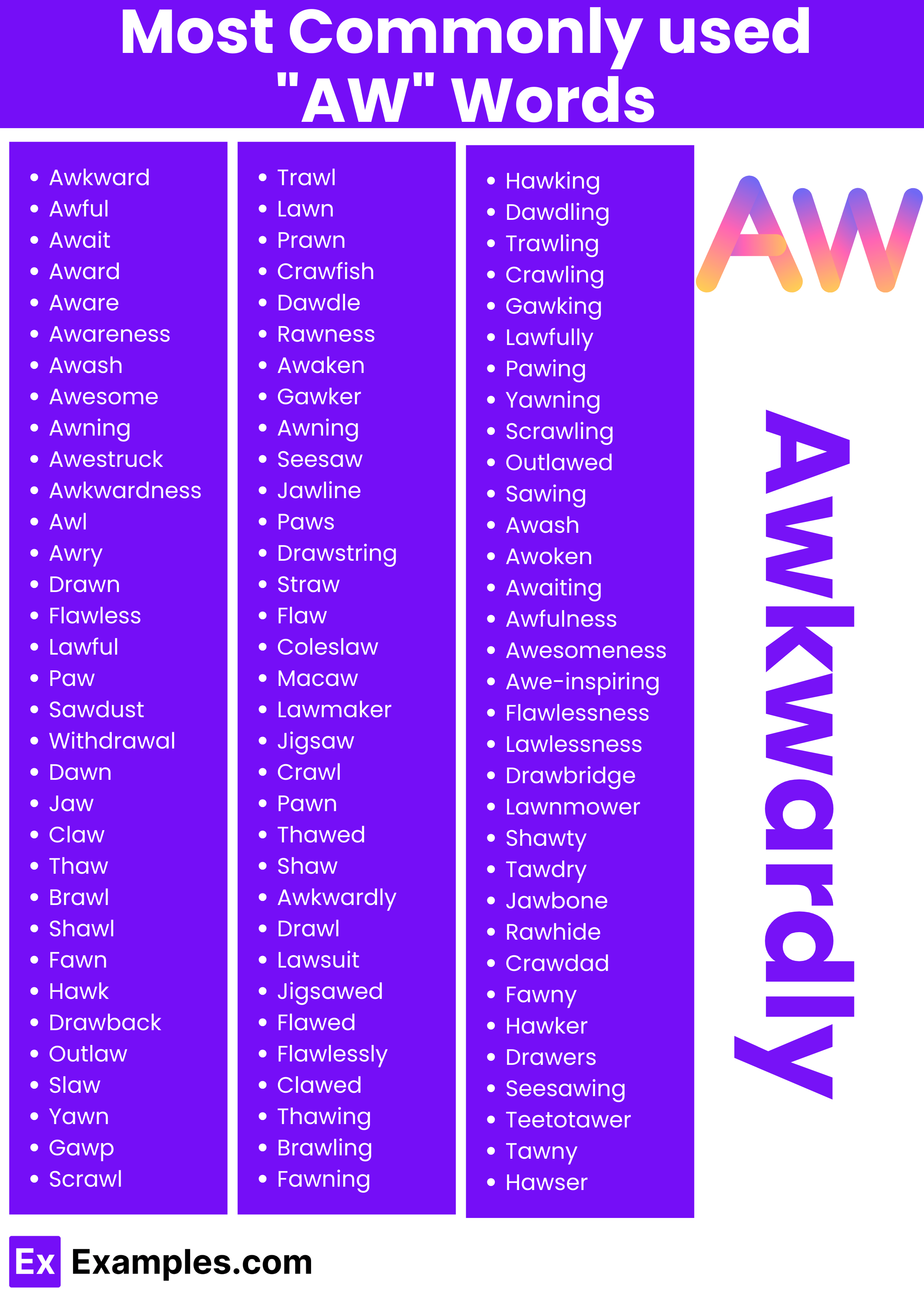 450+ AW Words List, Meaning, PDF