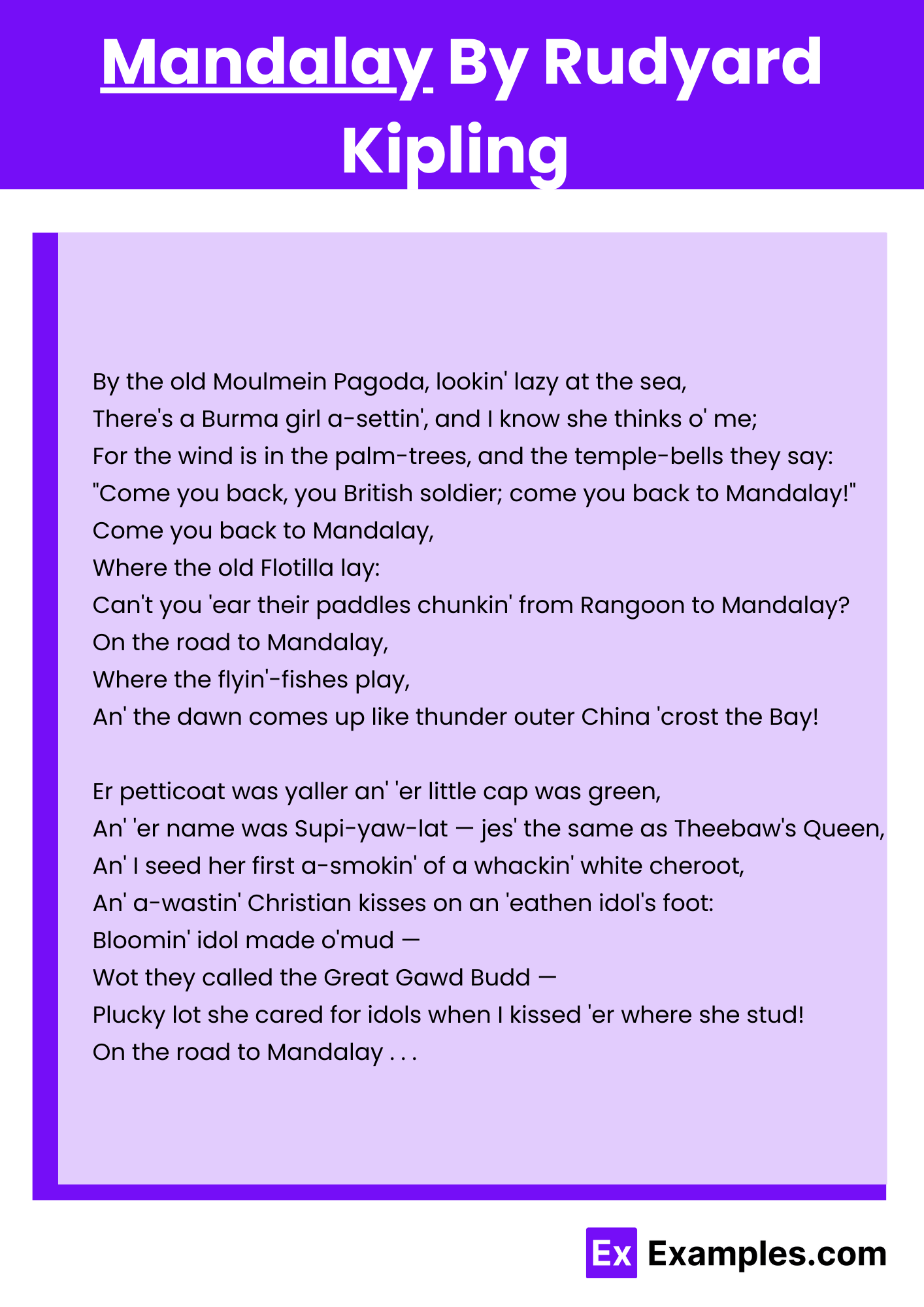 Mandalay Poem by Rudyard Kipling, Download Pdf