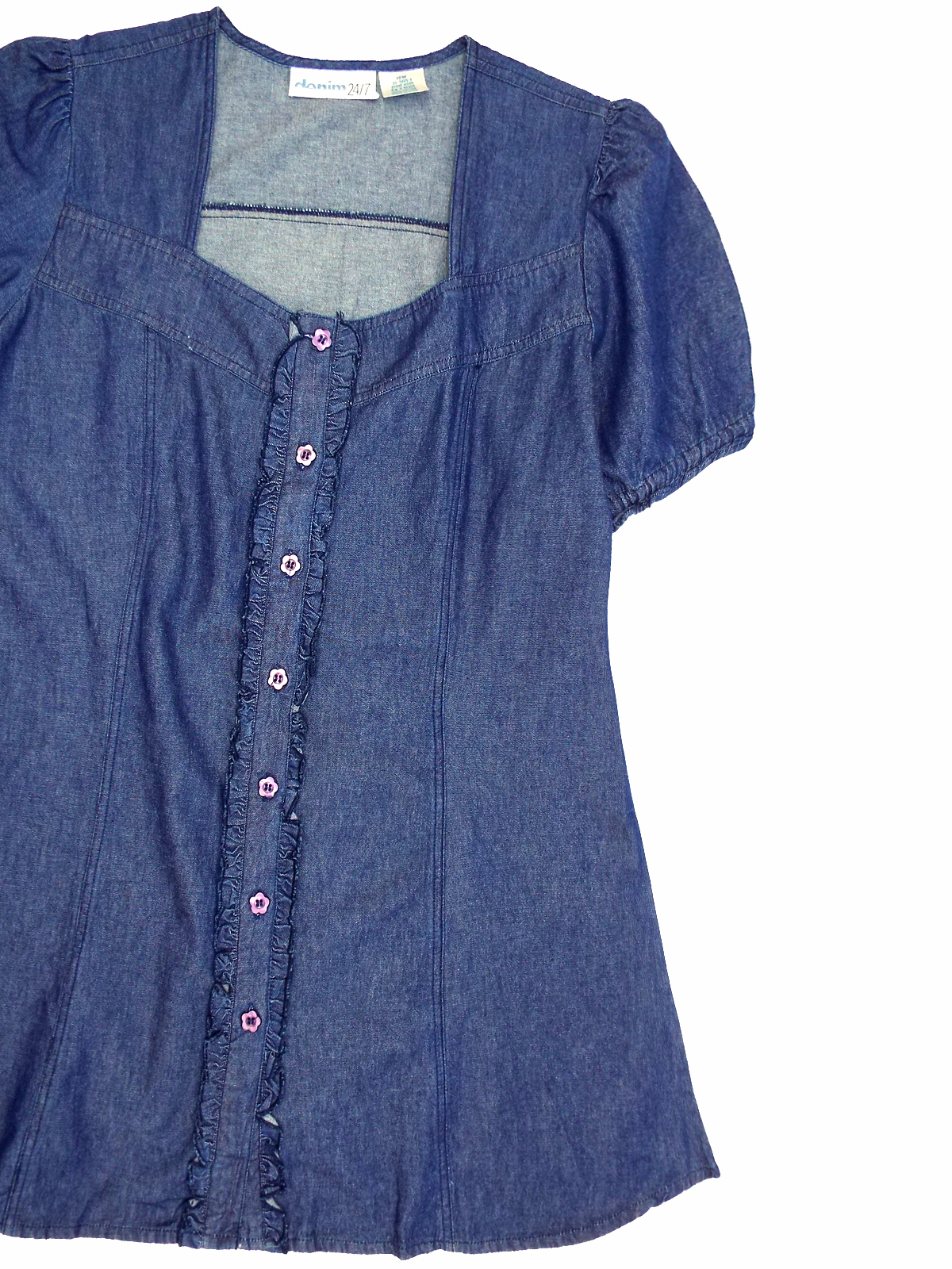Denim 24/7 Denim 24/7 STONEWASH Short Sleeve Frill Detail Denim Shirt Plus Size 16 to 30
