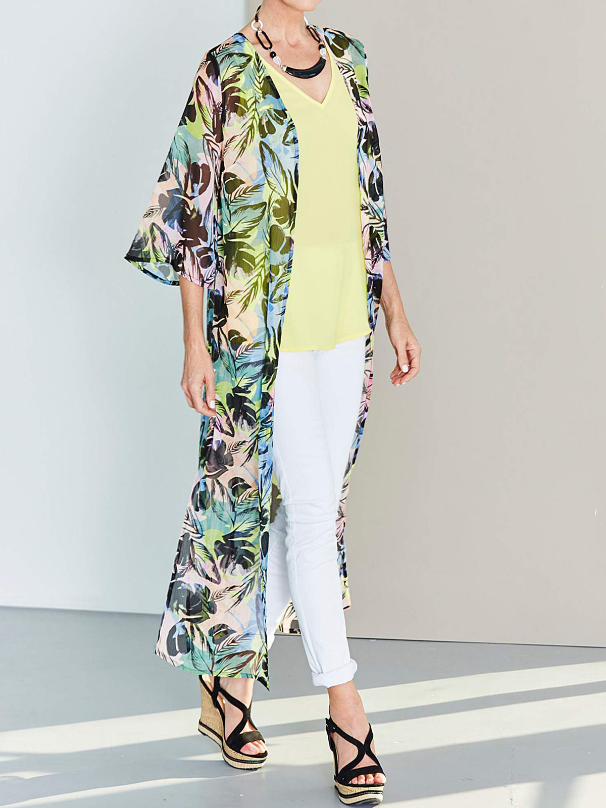 Label Be LabelBe TROPICAL Palm Print Longline Duster Kimono Cover