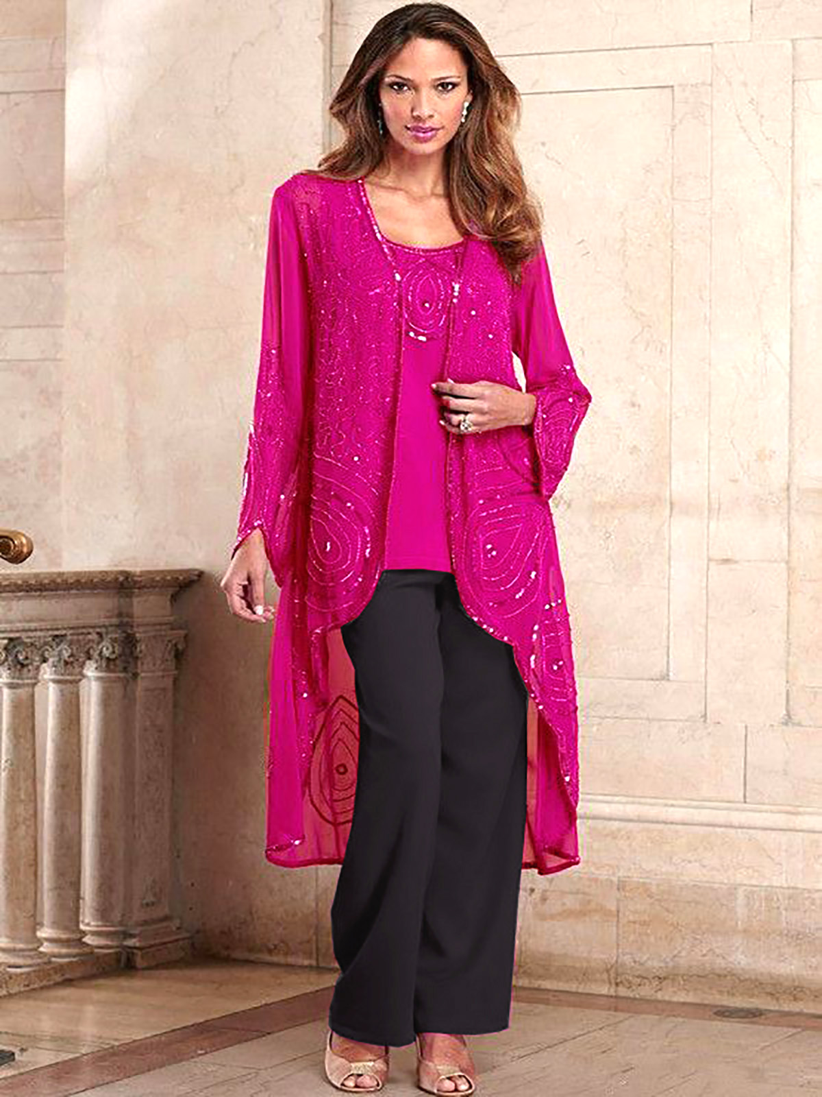 Roaman's Roamans RASPBERRY Bead & Sequin Embellished Top & Duster