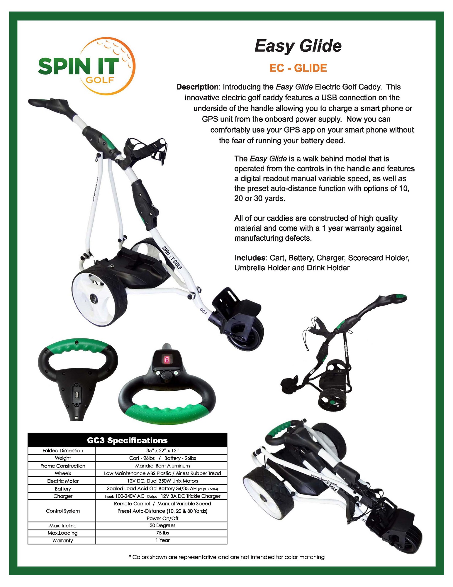 NEW Spin It Golf Easy Glide BLACK Manual Electric Club Bag Cart Caddy