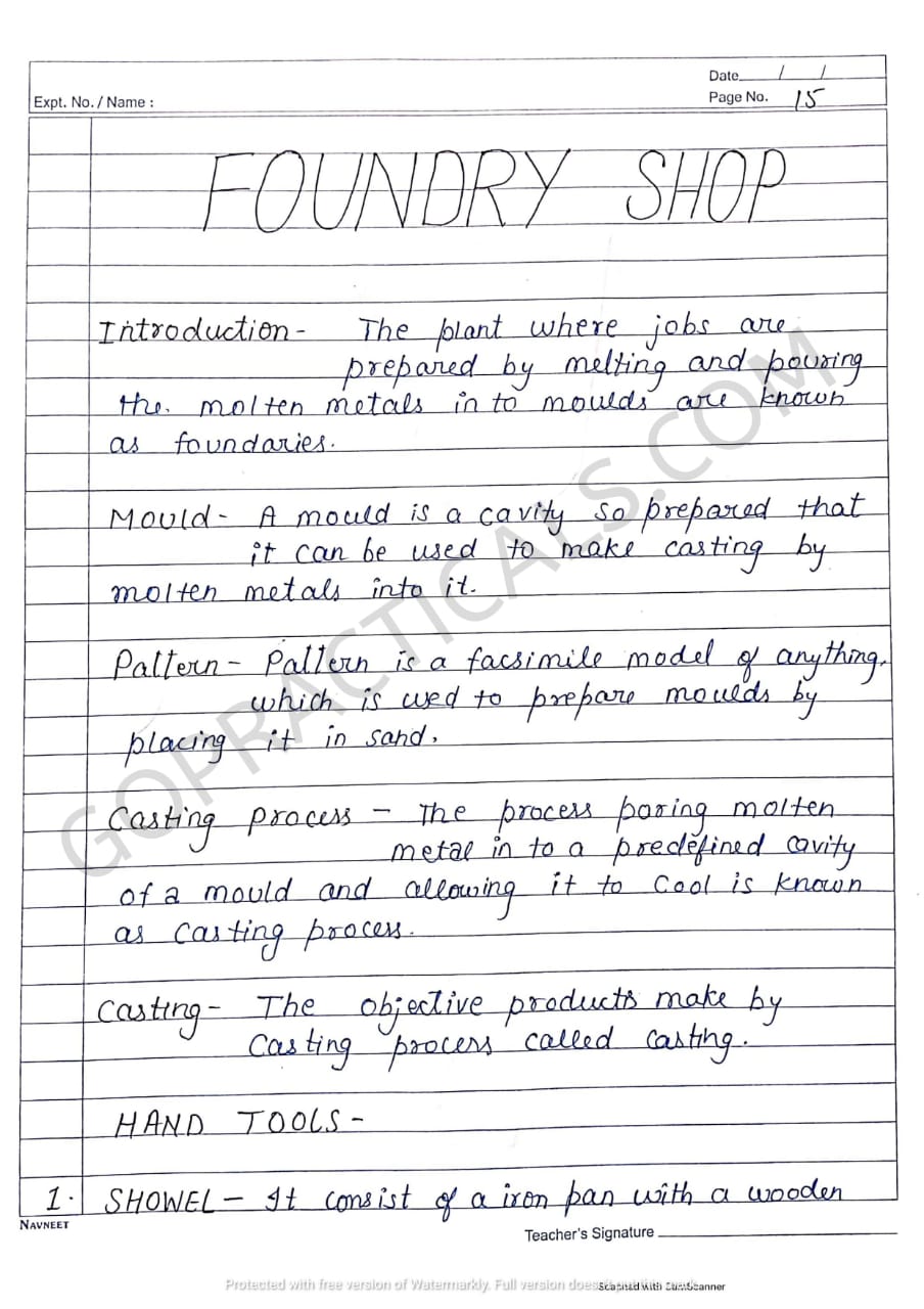 FOUNDRY SHOP Introduction, Tools and Precautions Practical