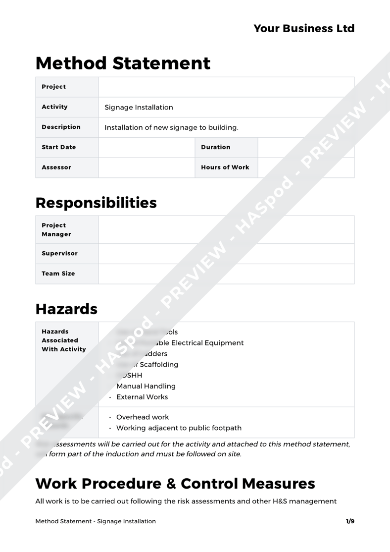 Signage Installation Method Statement Template HASpod