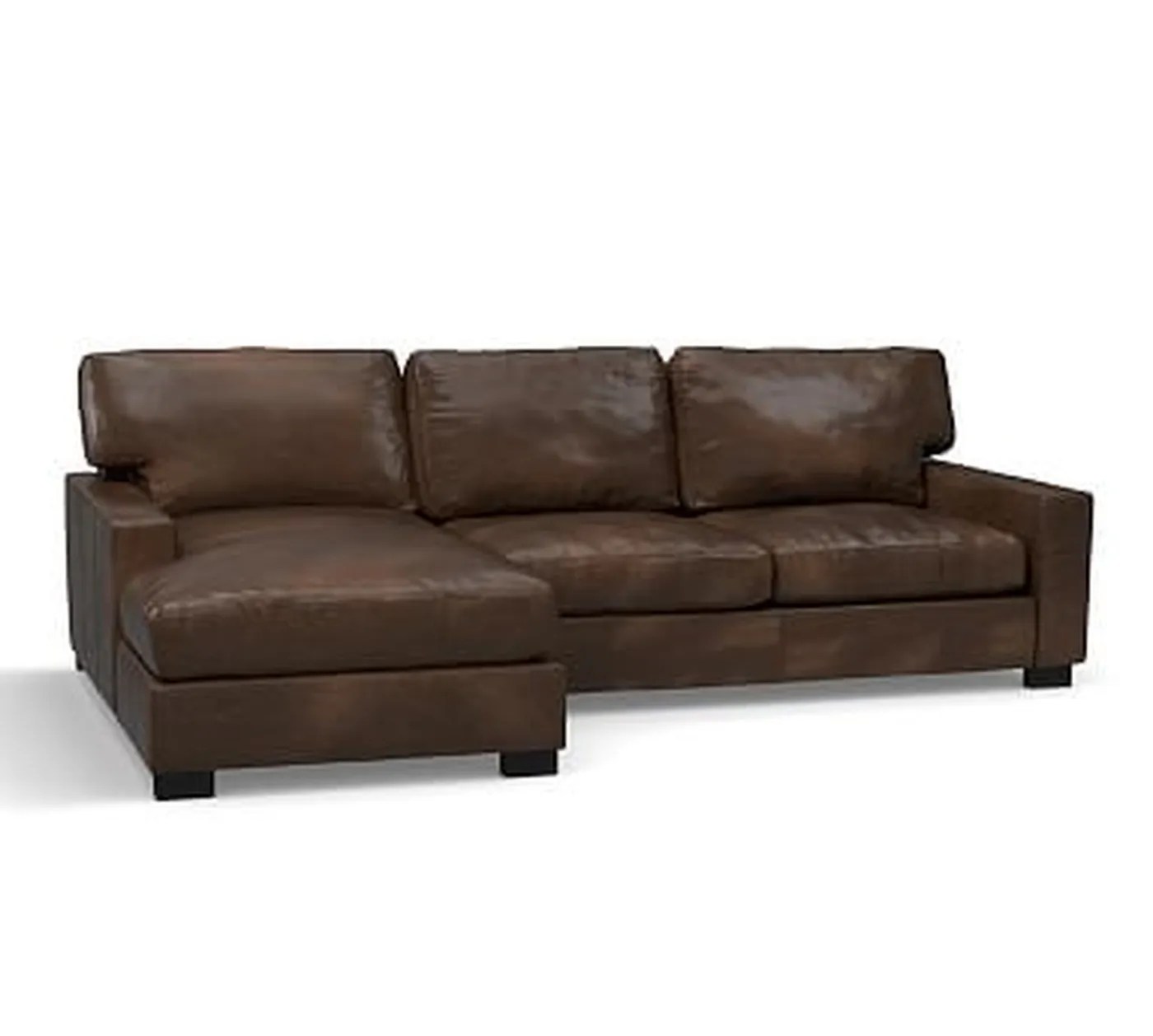 Turner Square Arm Leather Right Arm Sofa with Chaise Sectional, Down