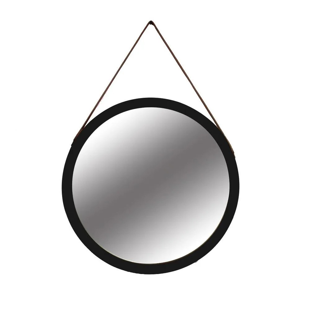 30 in. Black Round Mirror with Leather Strap Home Depot Havenly