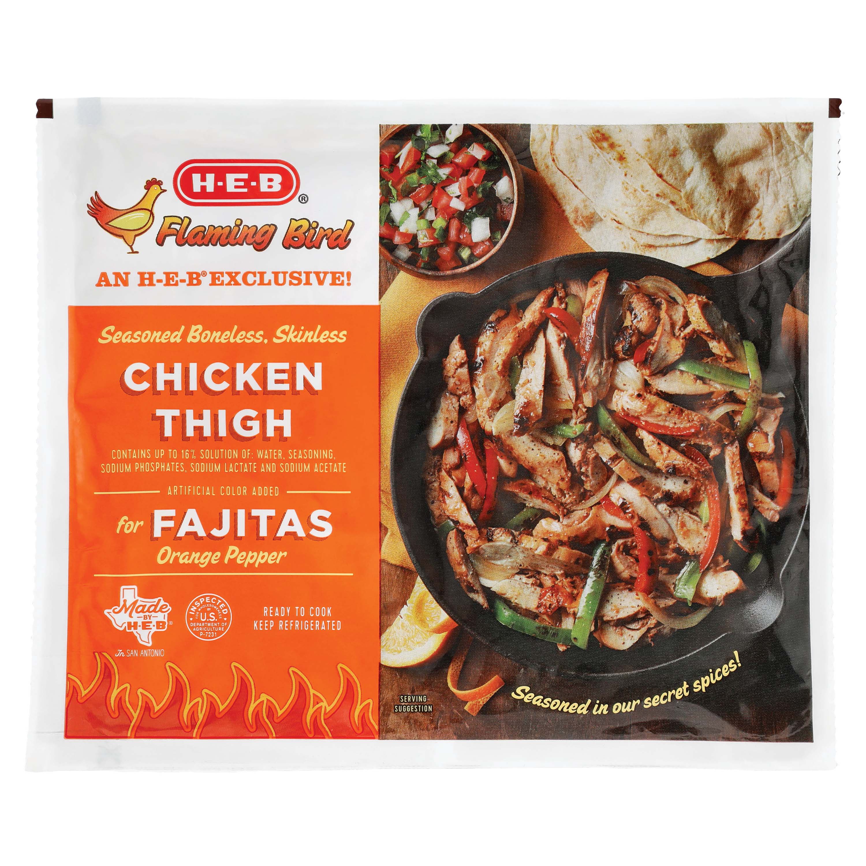 HEB Flaming Bird Orange Pepper Seasoned Chicken Thigh For Fajitas