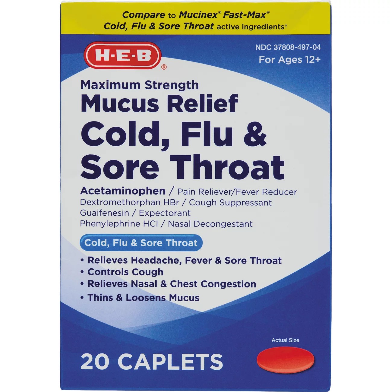 HEB Maximum Strength Mucus Relief Cold Flu & Sore Throat Caplets