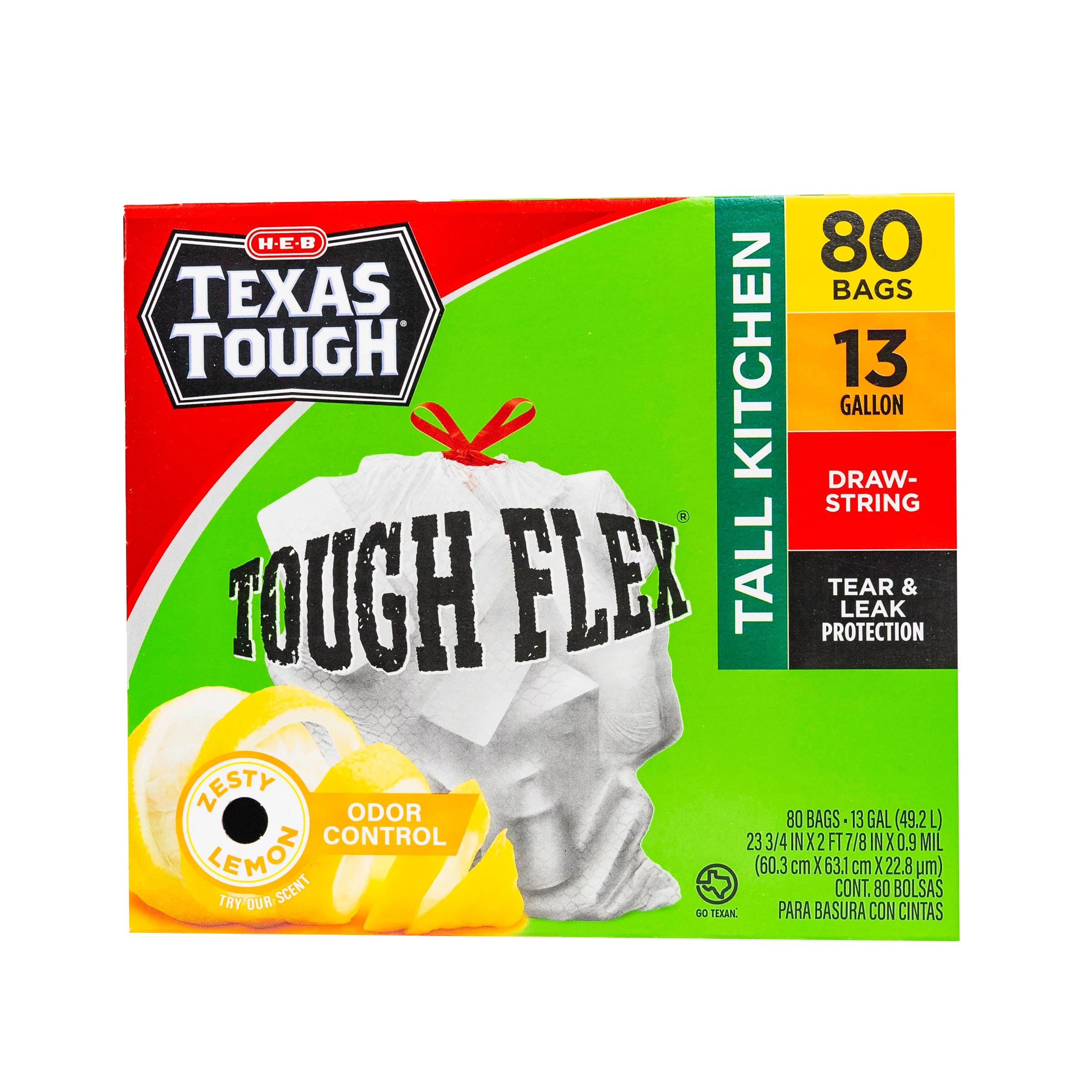 HEB Texas Tough Tall Kitchen Flex Trash Bags, 13 Gallon Lemon Scent