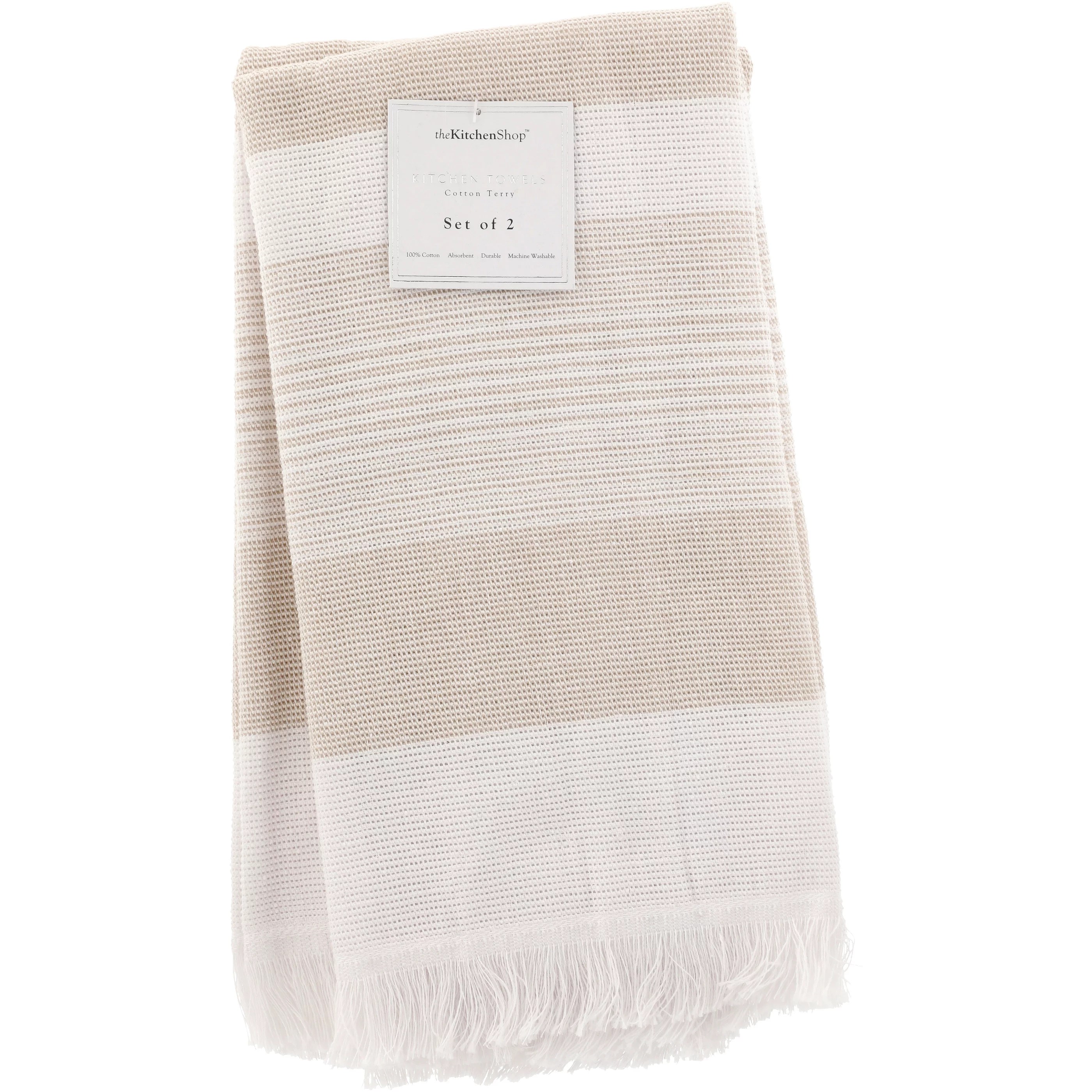 the Kitchen Shop Fringe Cotton Terry Stripe Kitchen Towels Taupe