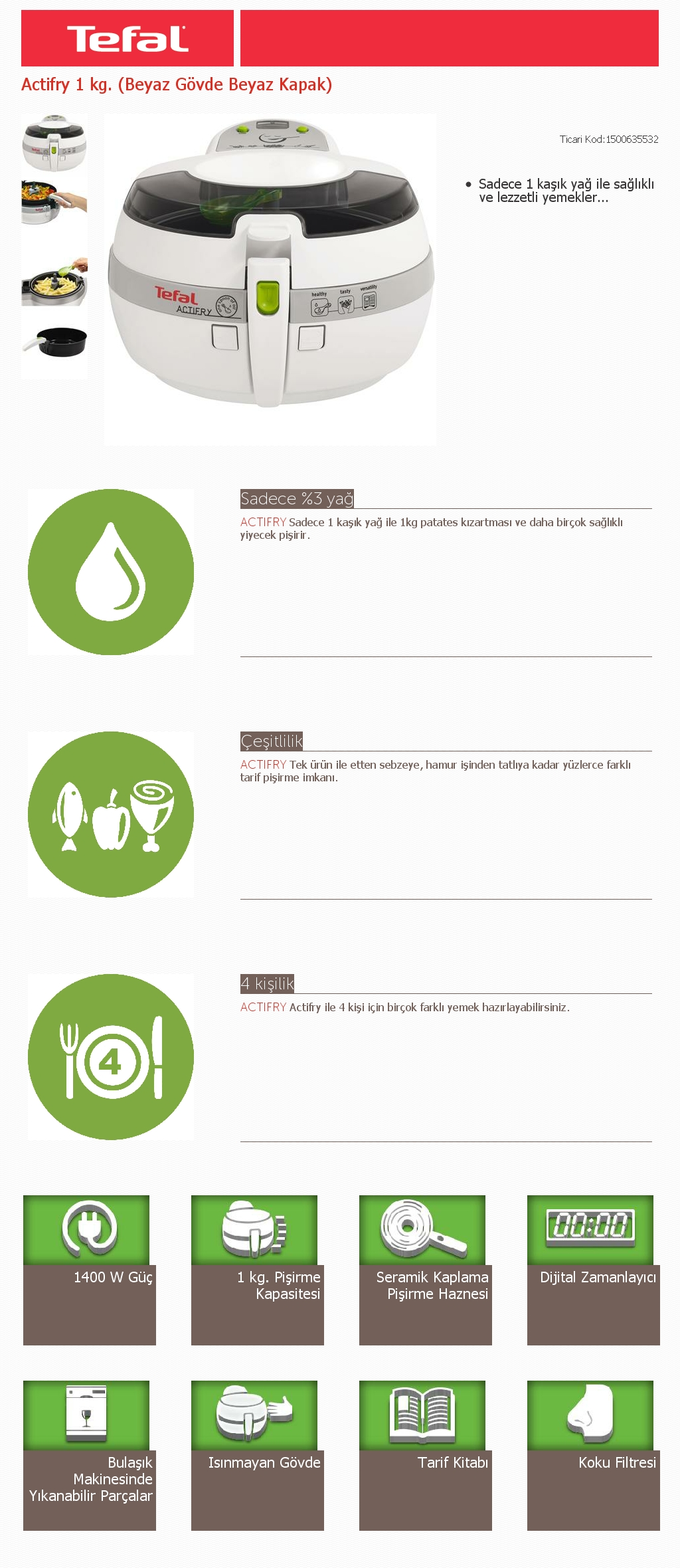 Tefal Actifry 1 kg Fiyatı, Taksit Seçenekleri ile Satın Al