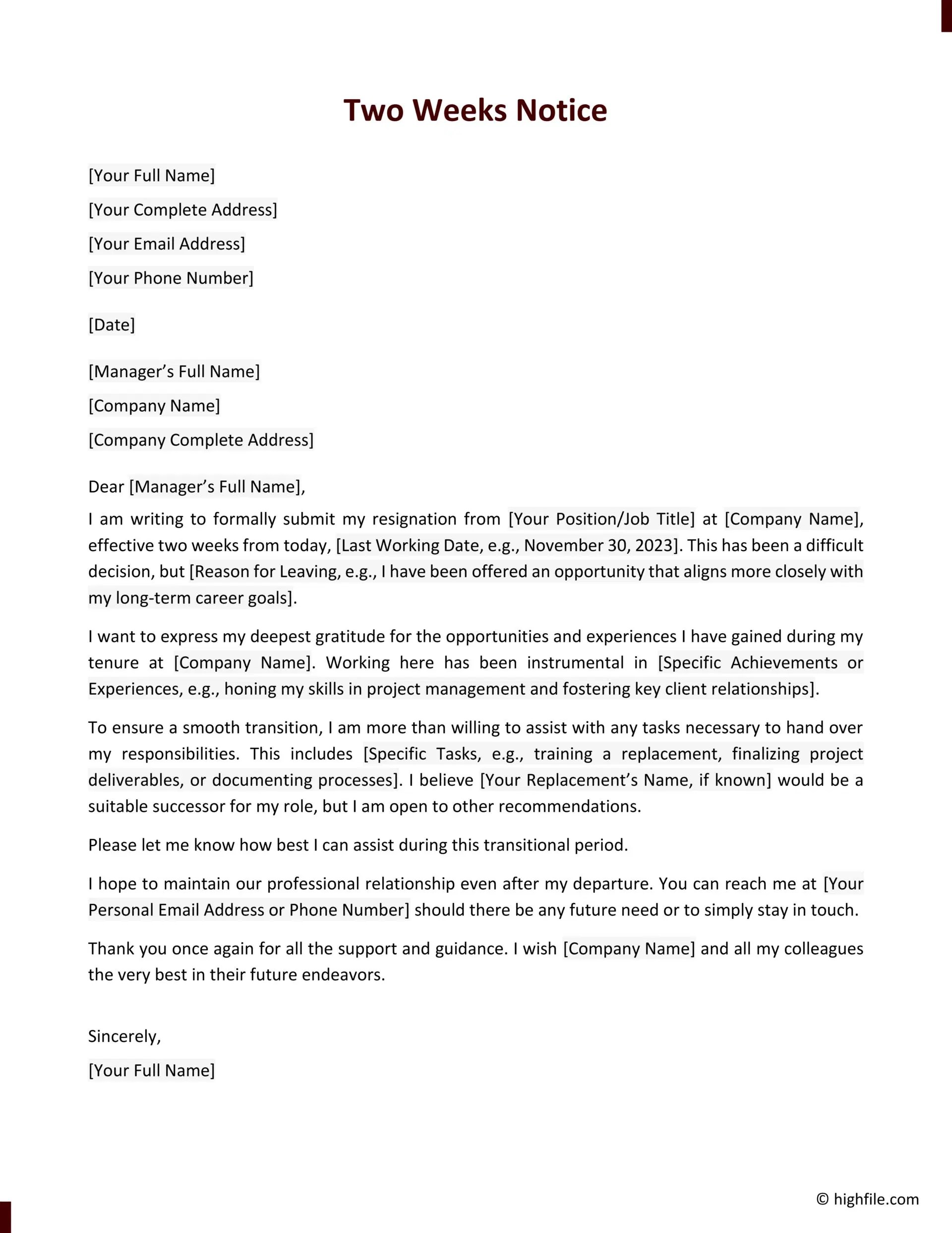 Two Weeks Notice Letter to Employer (Word Google Docs)