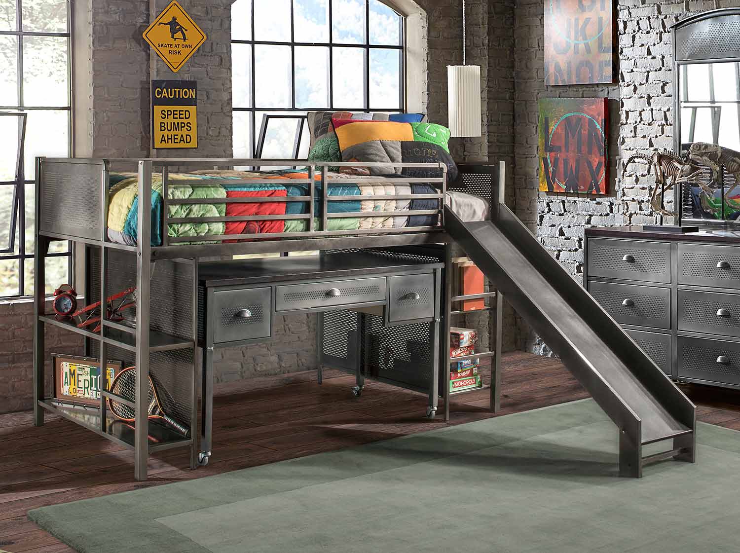 Hillsdale Urban Quarters Youth Junior Loft with Slide and Desk Black
