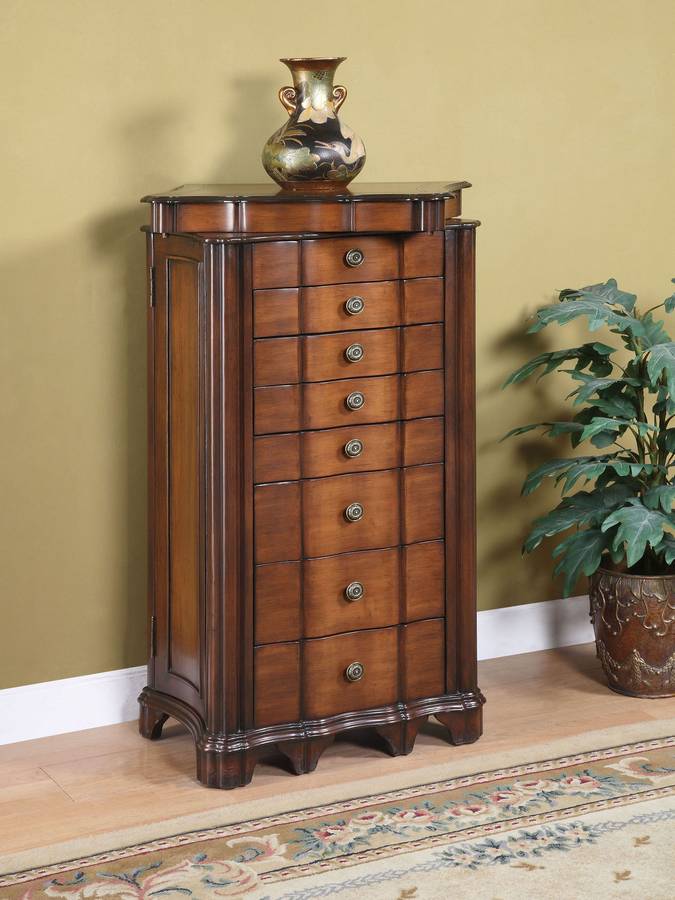 Powell Masterpiece Faux Cherry with Burl Jewelry Armoire with LiftOff