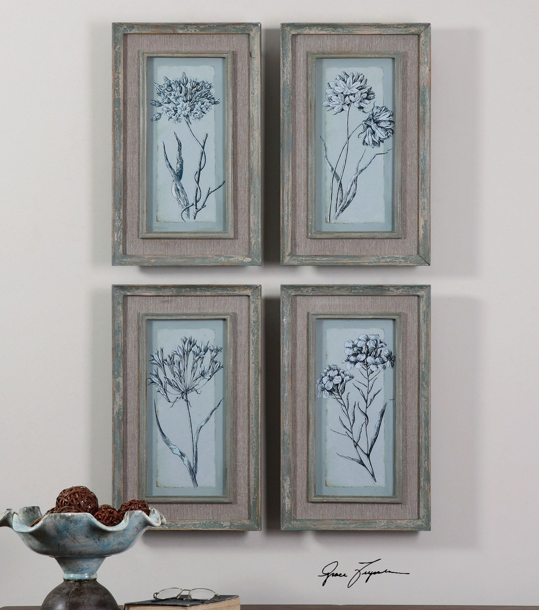 Uttermost Aqua Flowers Framed Art Set of 4 UTTERMOST51091 at