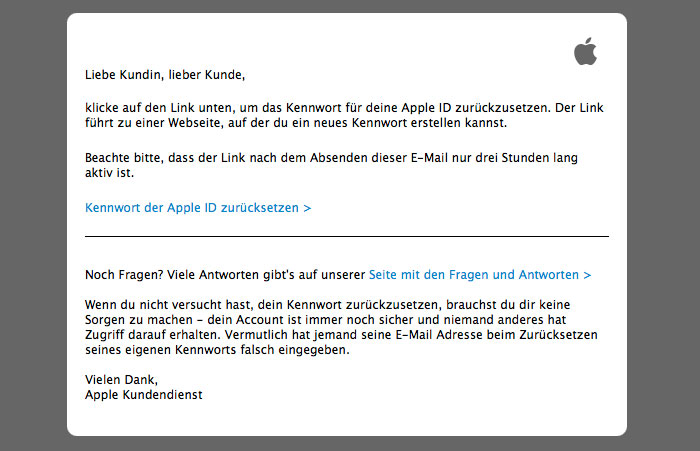 EMail Phishing Apples „Passwort Zurücksetzen“Mails nehmen zu, BKA