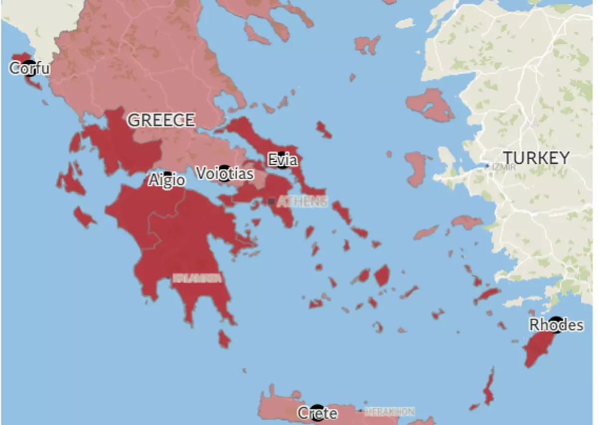 Maps show the extent of wildfires in Rhodes, Corfu and…