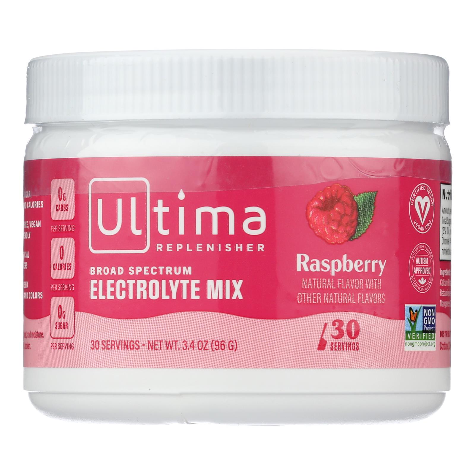 Ultima Replenisher Electrolyte Powder Raspberry and Lemonade.