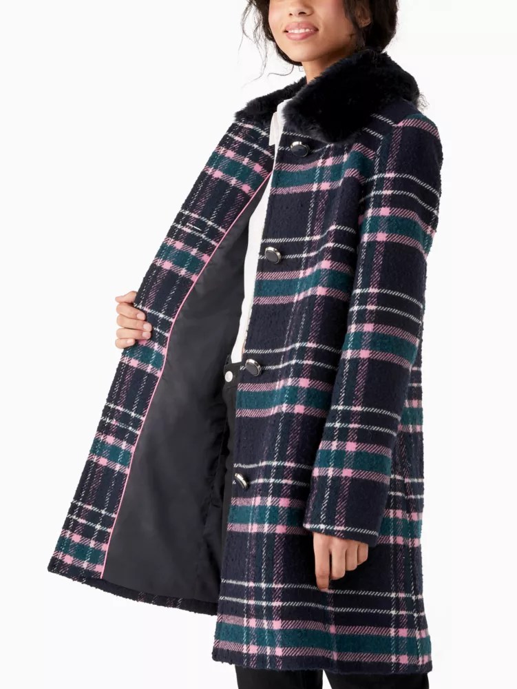 Faux Fur Collar Plaid Coat Kate Spade Outlet