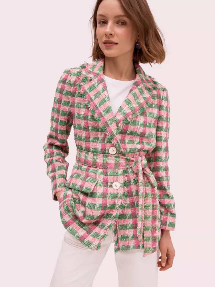 Women's bright peony multi plaid tweed blazer Kate Spade New York