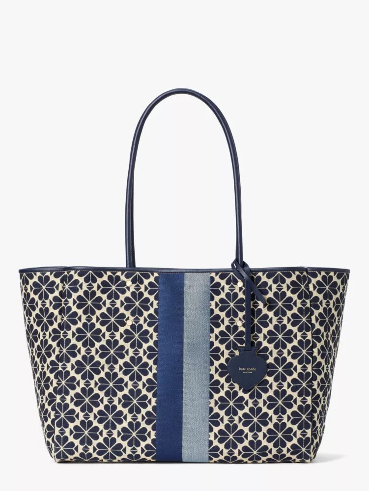 Women's blue multi spade flower jacquard everything stripe large tote
