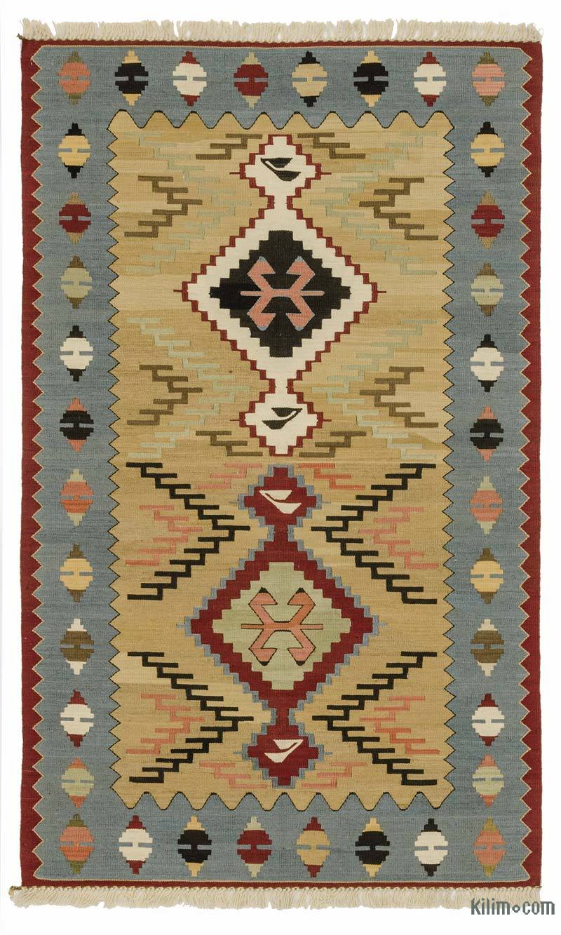 K0033831 Beige, Blue New Handwoven Turkish Kilim Rug 3' 2" x 5' 3" (38 in. x 63 in.)