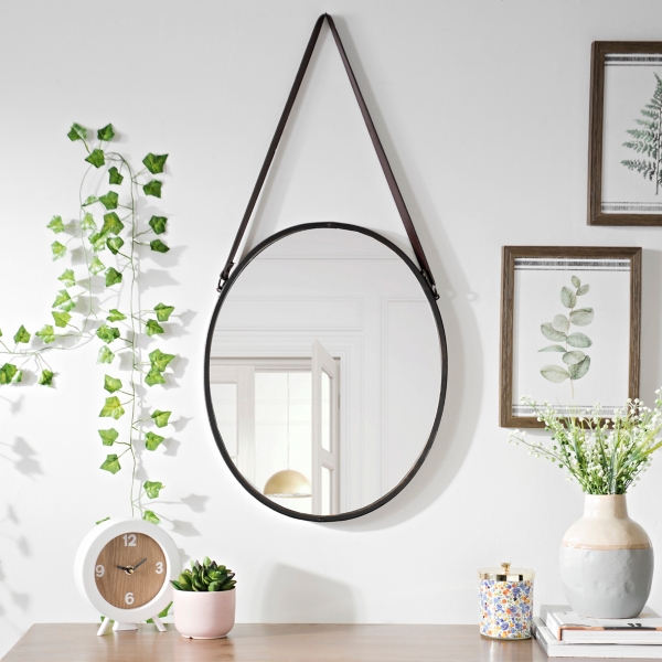 Oval Metal and Leather Hanging Mirror Kirklands Home