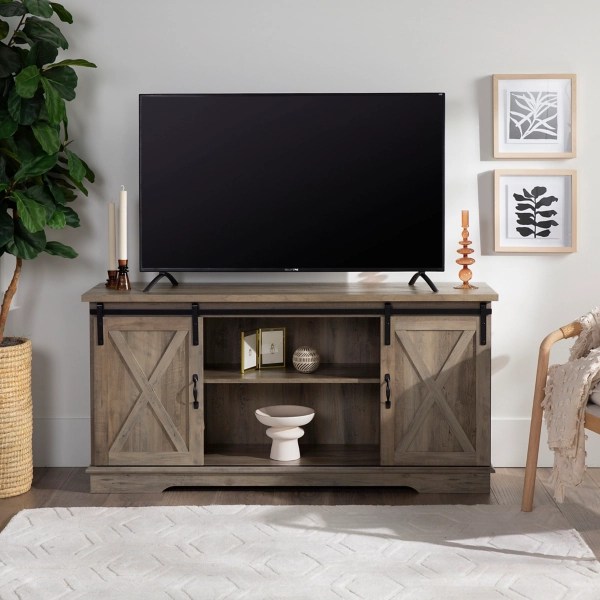 Sliding Barn Door Open Shelf Gray Wash TV Stand Kirklands Home