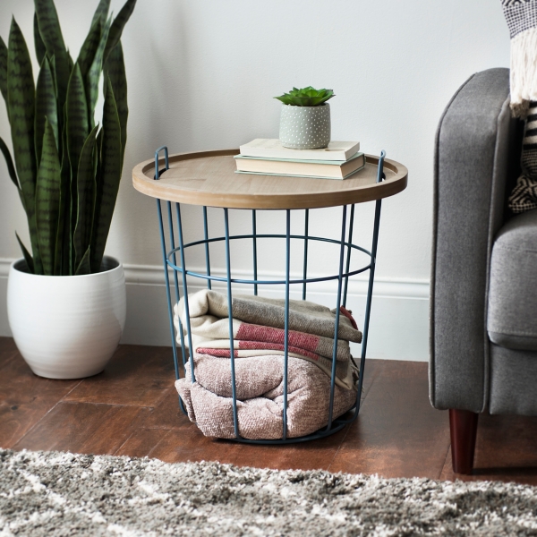 Blue Wire Basket Table with Natural Wood Top Kirklands Home