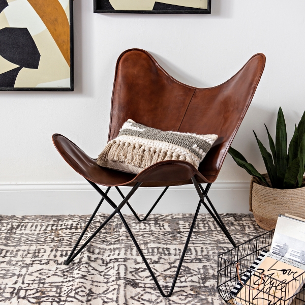 Leather Butterfly Chair, Tan Leather Chair, Living Room Furniture