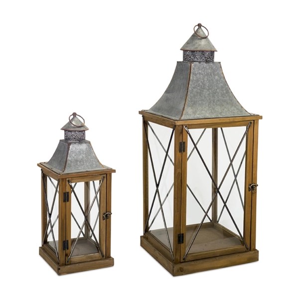 Wood and Tin Top Cross Bar Lanterns, Set of 2 Kirklands Home