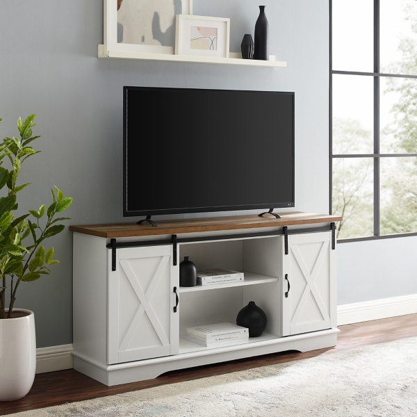 White Sliding Door Rustic Oak Top TV Stand Kirklands Home