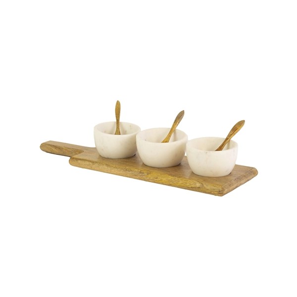 White Stone Bowls with Mango Wood Base, Set of 3 Kirklands Home