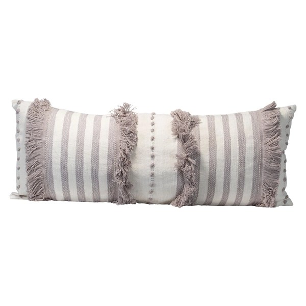 Gray and White Striped Fringe Lumbar Pillow Kirklands Home