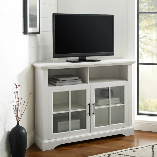 White Wood Glass Pane Door Corner TV Stand Kirklands Home