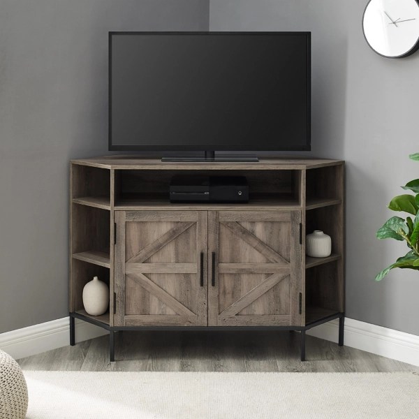 Gray Farmhouse Open Shelf Corner TV Stand Kirklands Home