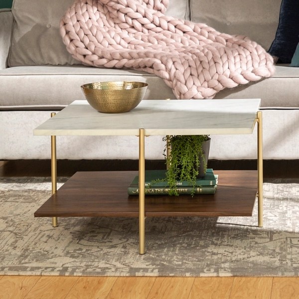 White Faux Marble and Brown Wood Coffee Table Kirklands Home
