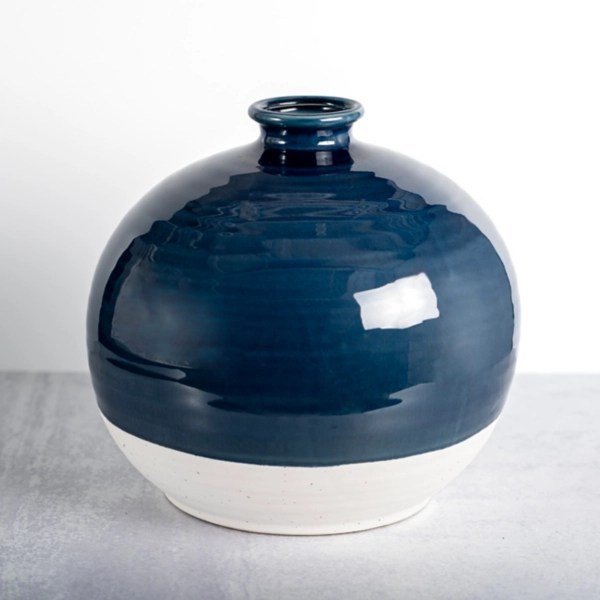 Round Satin Blue Stoneware Vase, 11 in. Kirklands Home