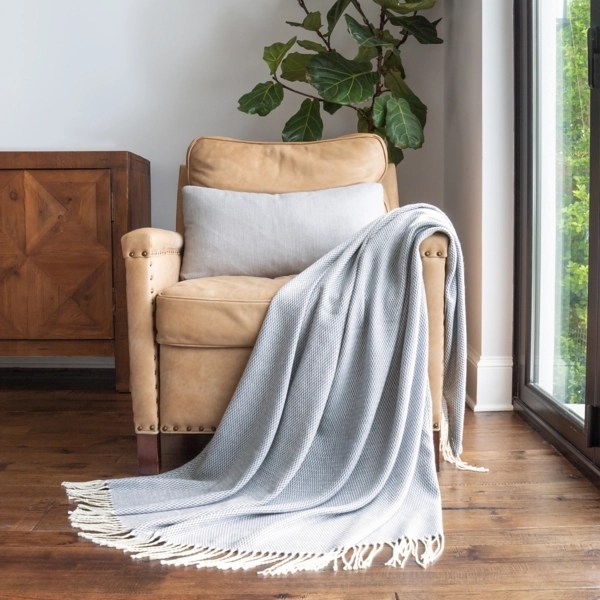 Dusk Blue Herringbone Throw with Fringe Kirklands Home