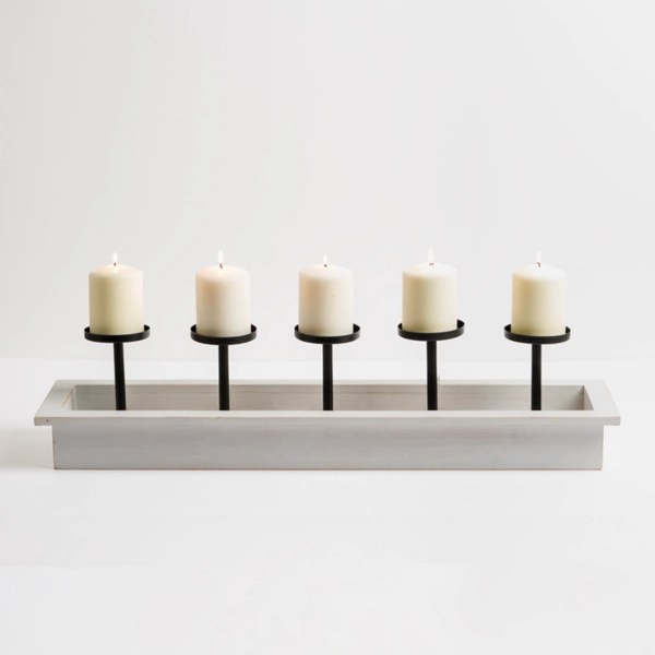 Kirklands White Wood and Metal Pillar Candle Runner Hamilton Place