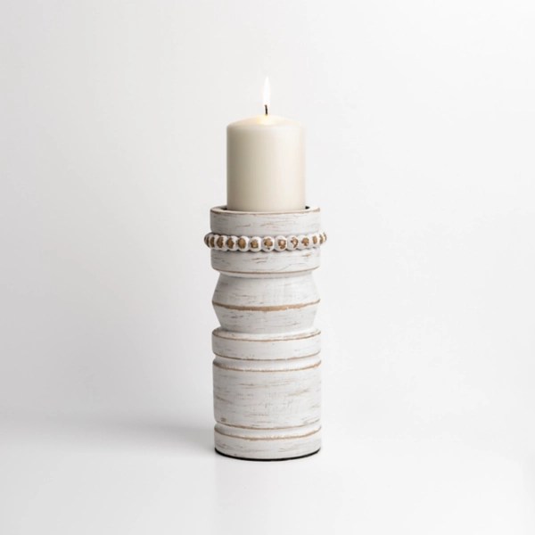 White Beaded Wood Pillar Candle Holder, 8 in. Kirklands Home
