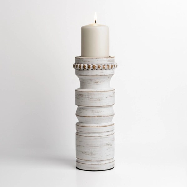 White Beaded Wood Pillar Candle Holder, 11 in. Kirklands Home